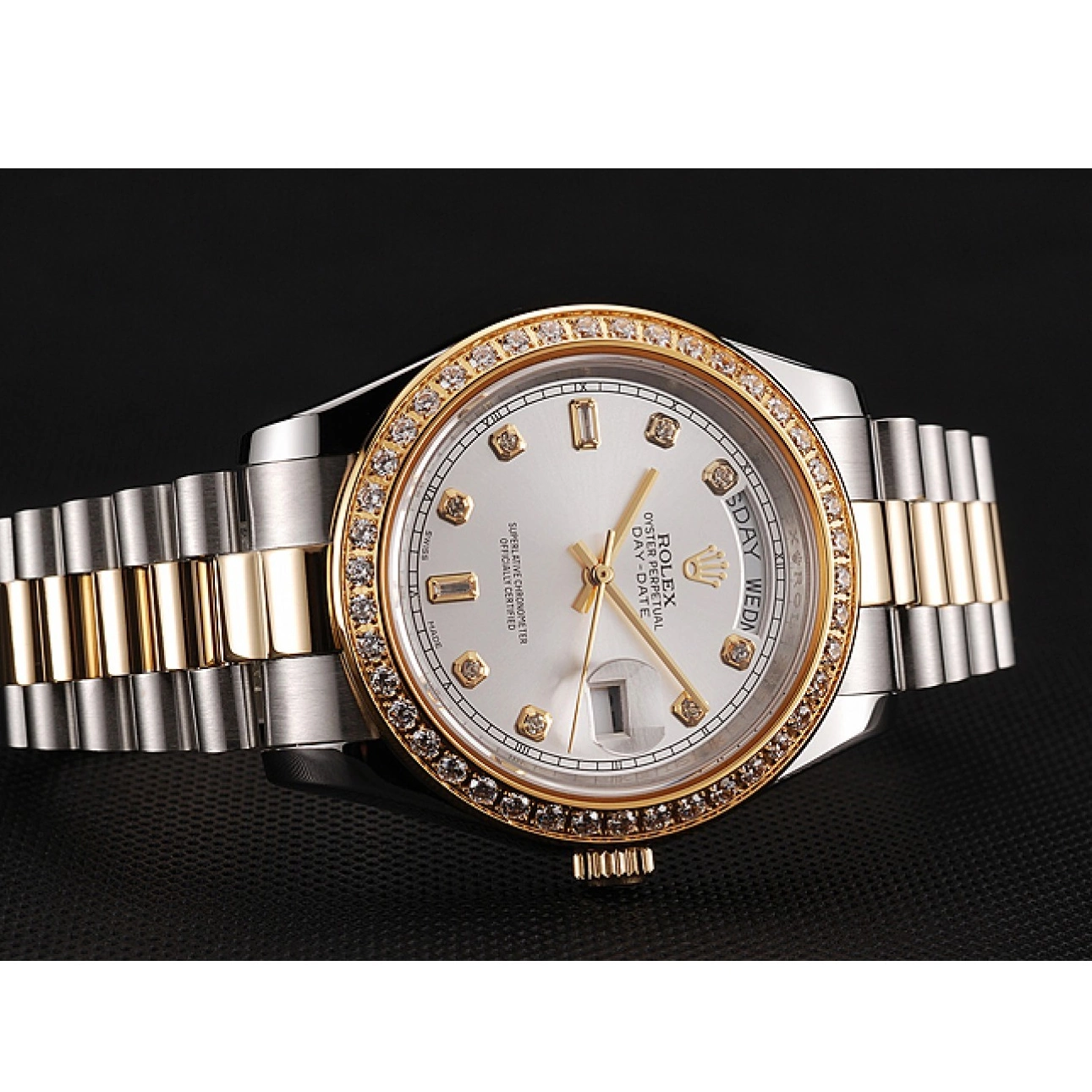 Rolex aaa copy Dial Diamond Tone Two Bracelet Gold White Day-Date Steel Rolex 1453972 Swiss Stainless Case 0701